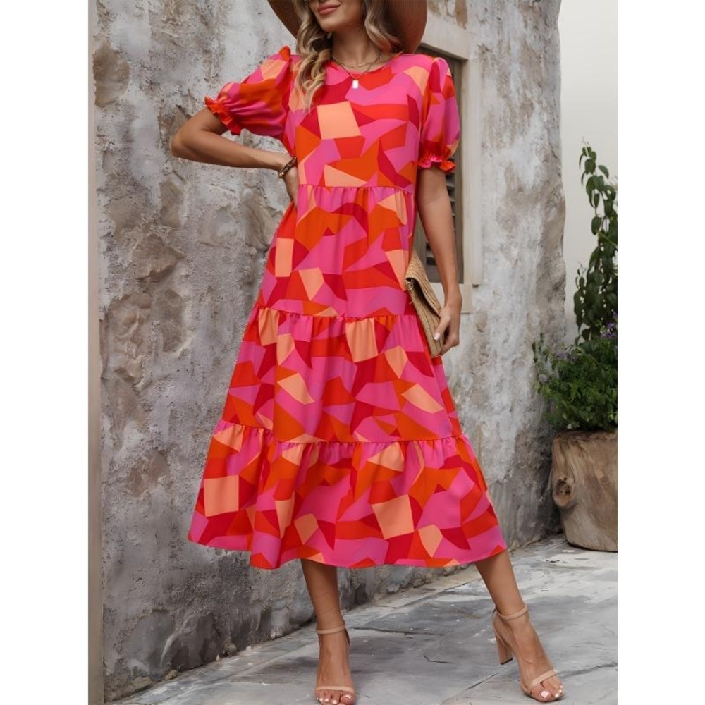 Pink geometric print tiered midi dress